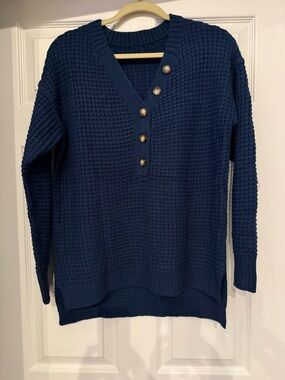 Women's Navy Button-Placket Waffle-Knit Sweater